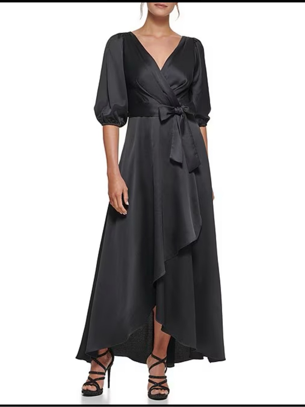 DKNY Black Satin High-Low Wrap Dress with Tie Waist